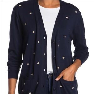 Lightweight Cardigan, J. Crew Navy Blue, Cream Polka Dots, Button Up V-Neck, NWT